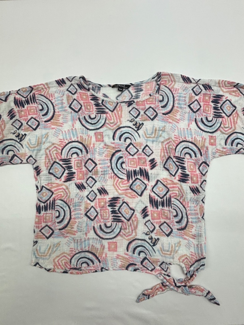 Charlie B Scribble Print Boho Cotton Gauze Side-Tie Blouse C4403Y-274C size M